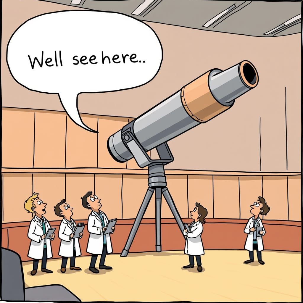 Cartoon Telescope Presentation with Miniature Scientists