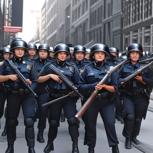 Glamorous Police Officer in Riot, Photorealistic Digital Art