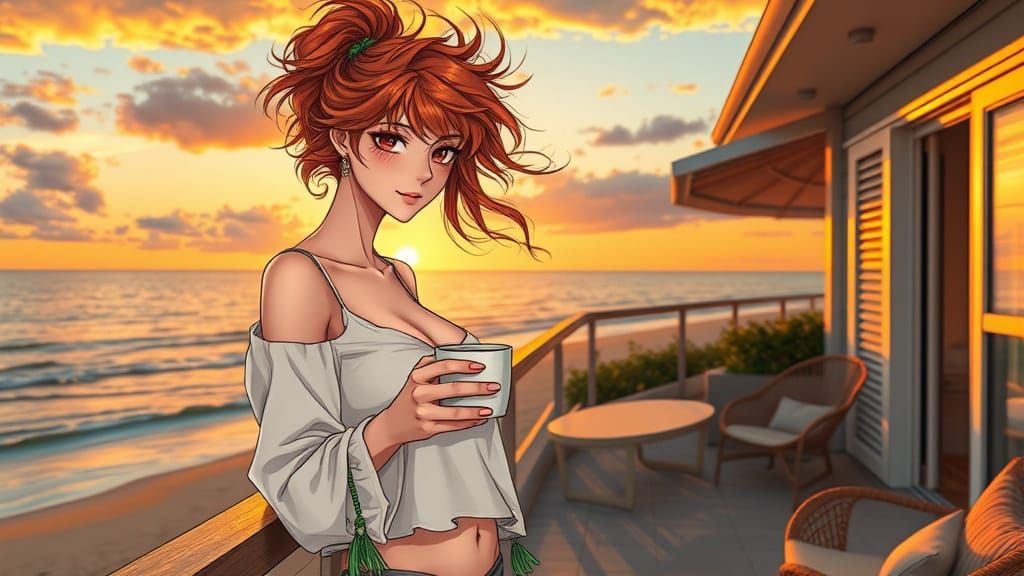 Woman with Coffee at Sunrise in Manga Style
