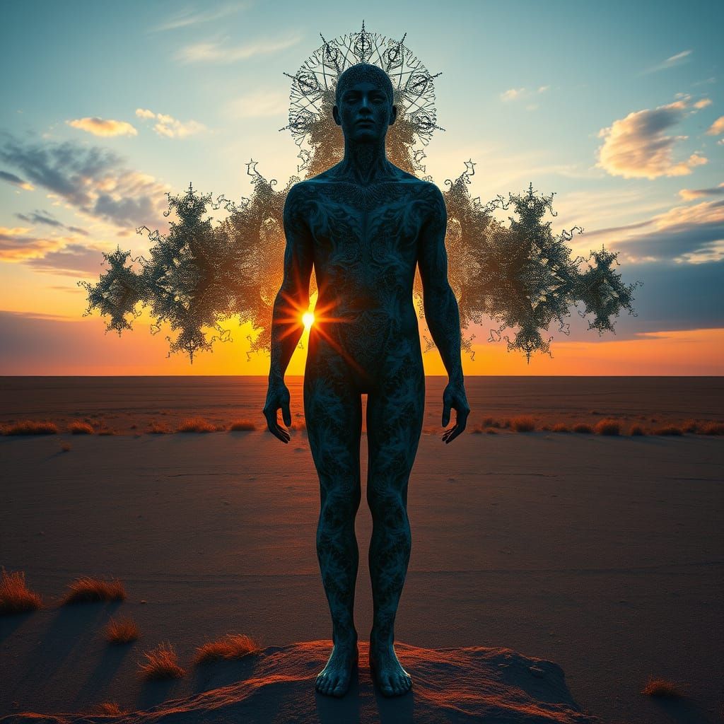 Mirrored Fractal Figure in Dreamlike Landscape