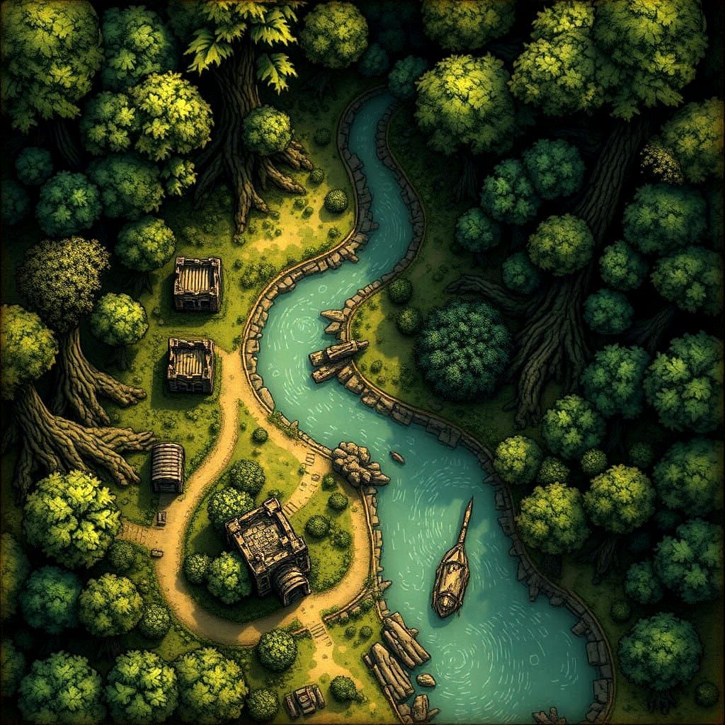 Fantasy Forest Tabletop Map with Ancient Ruins and Winding R...