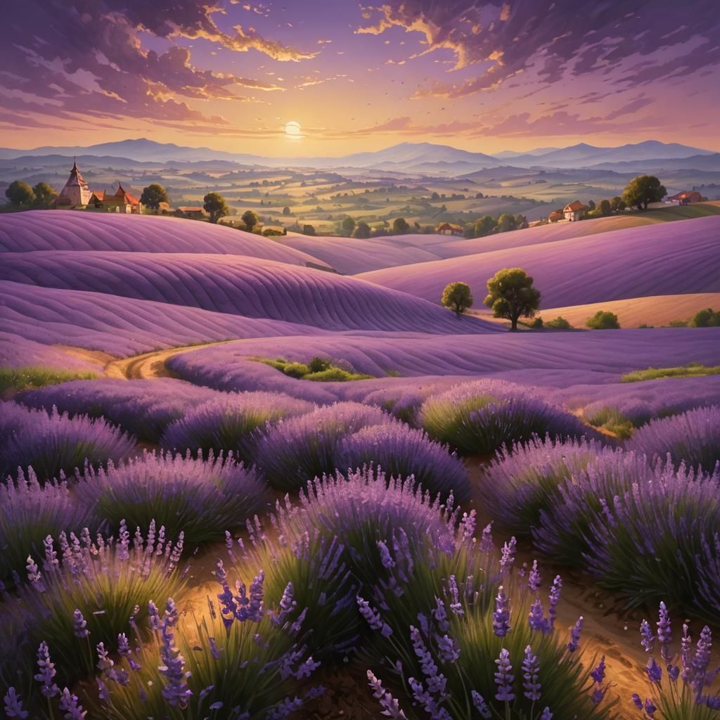Baroque Lavender Fields with Fireflies in Golden Light