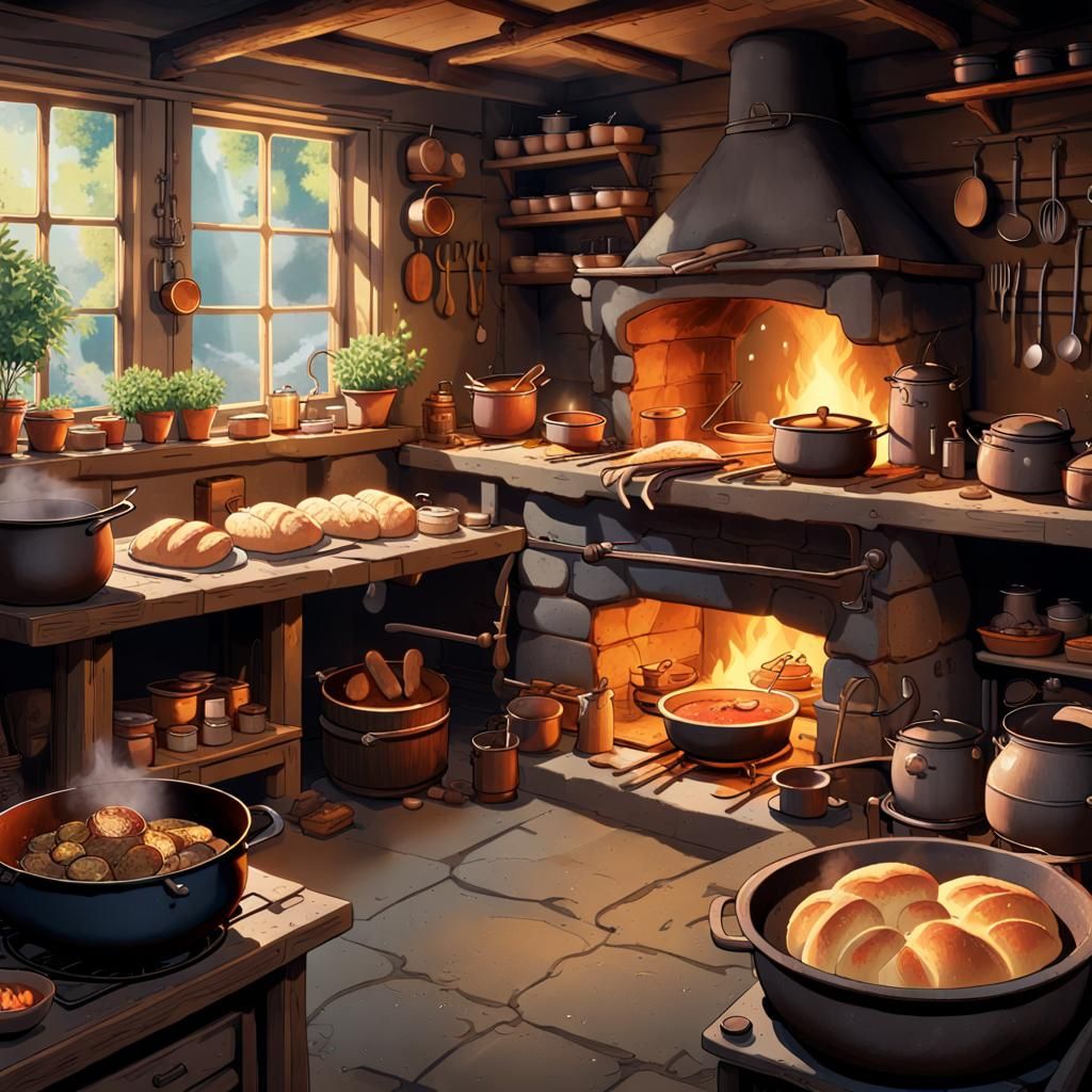 Cozy Medieval Kitchen with Baking, Anime Style