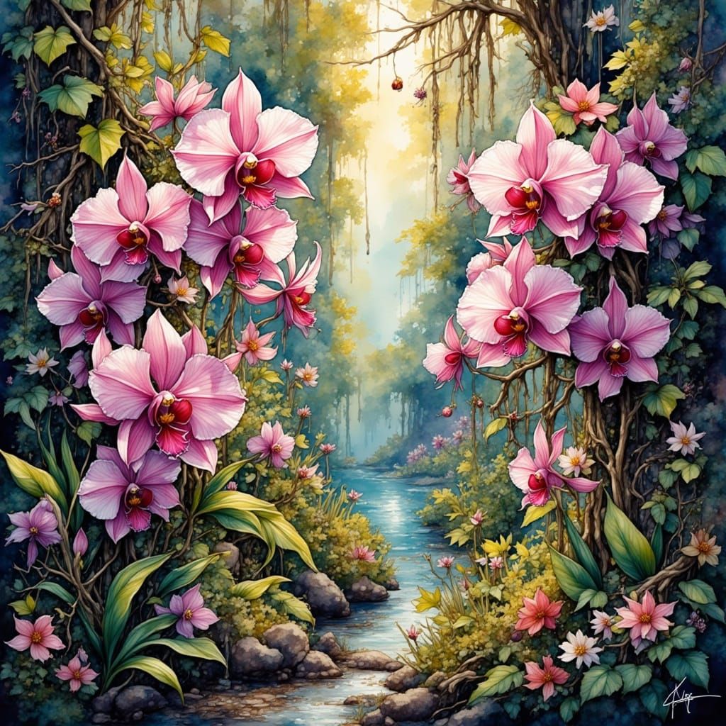 Vibrant Jungle Oasis with Exotic Orchids in Bloom