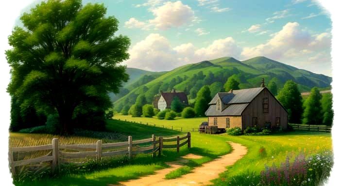 Rustic Countryside Sheep Farm in Watercolor Sketch Style