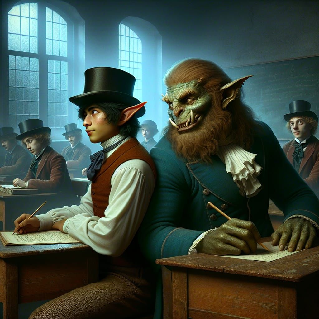 Victorian-Era Fantasy Schoolboys in a Surreal Classroom