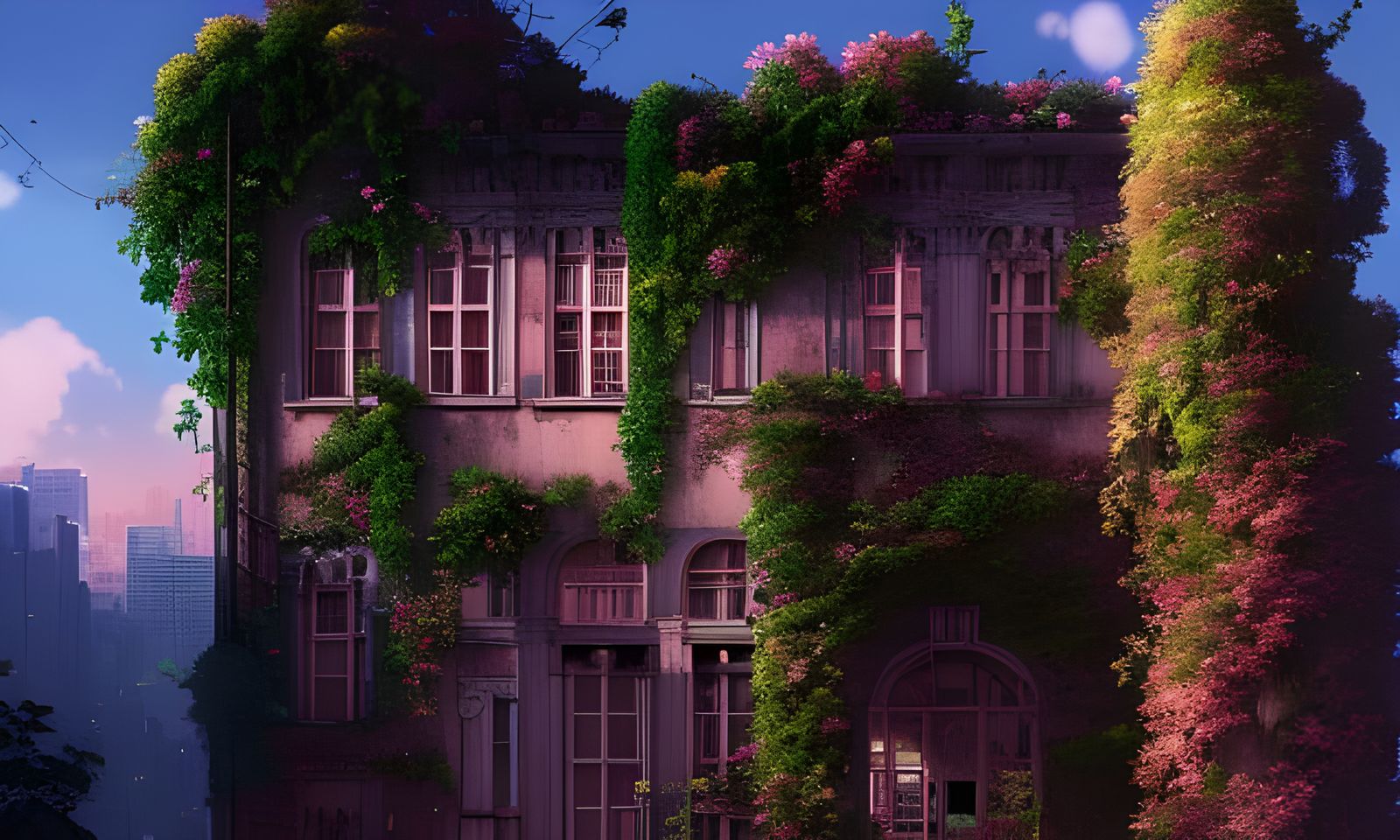 Post-Apocalyptic City Reclaimed by Nature in Anime Style