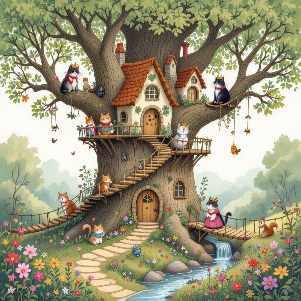 Whimsical Cat Kingdom in Giant Tree, Painterly Style
