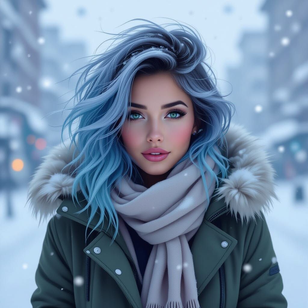 Neon Haired Woman in Winter Blizzard
