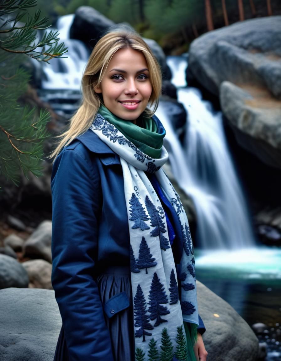 Beautiful Woman in Snowy Night Landscape