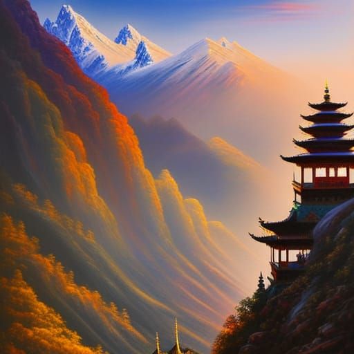 Himalayan Monastery Pencil Sketch with Prayer Flags