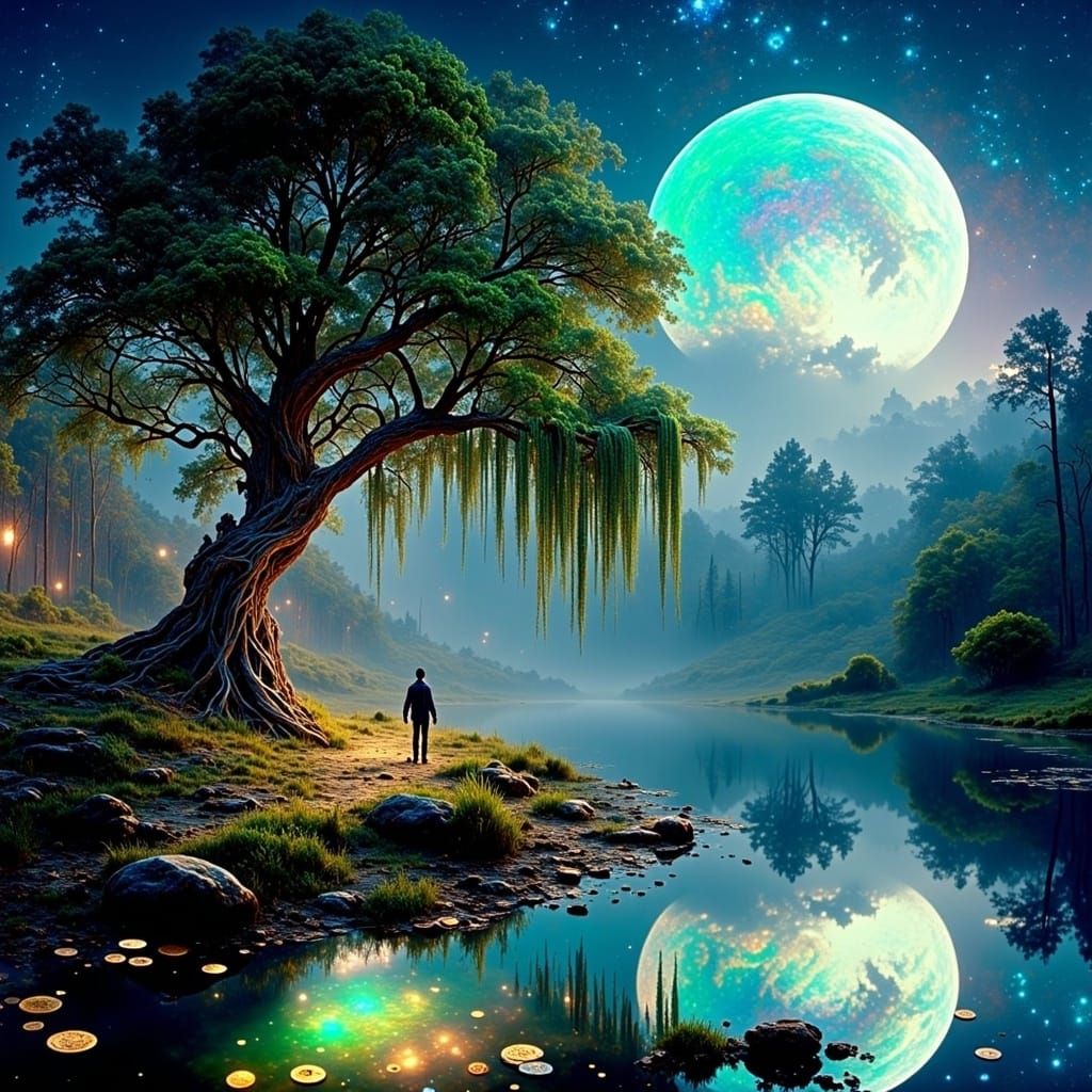 Bioluminescent Willow Tree Dreamscape as Neon Art