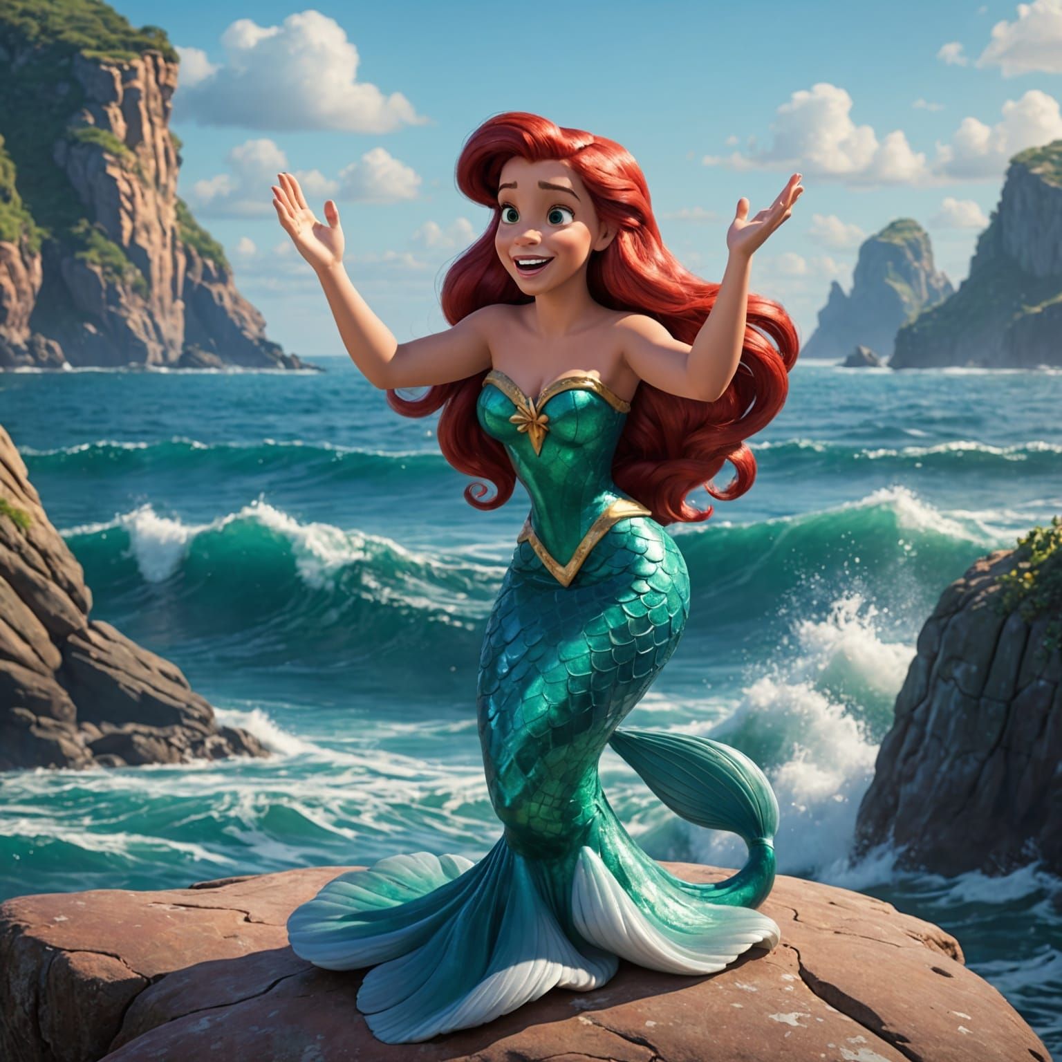 Ariel Singing on a Rock in the Ocean