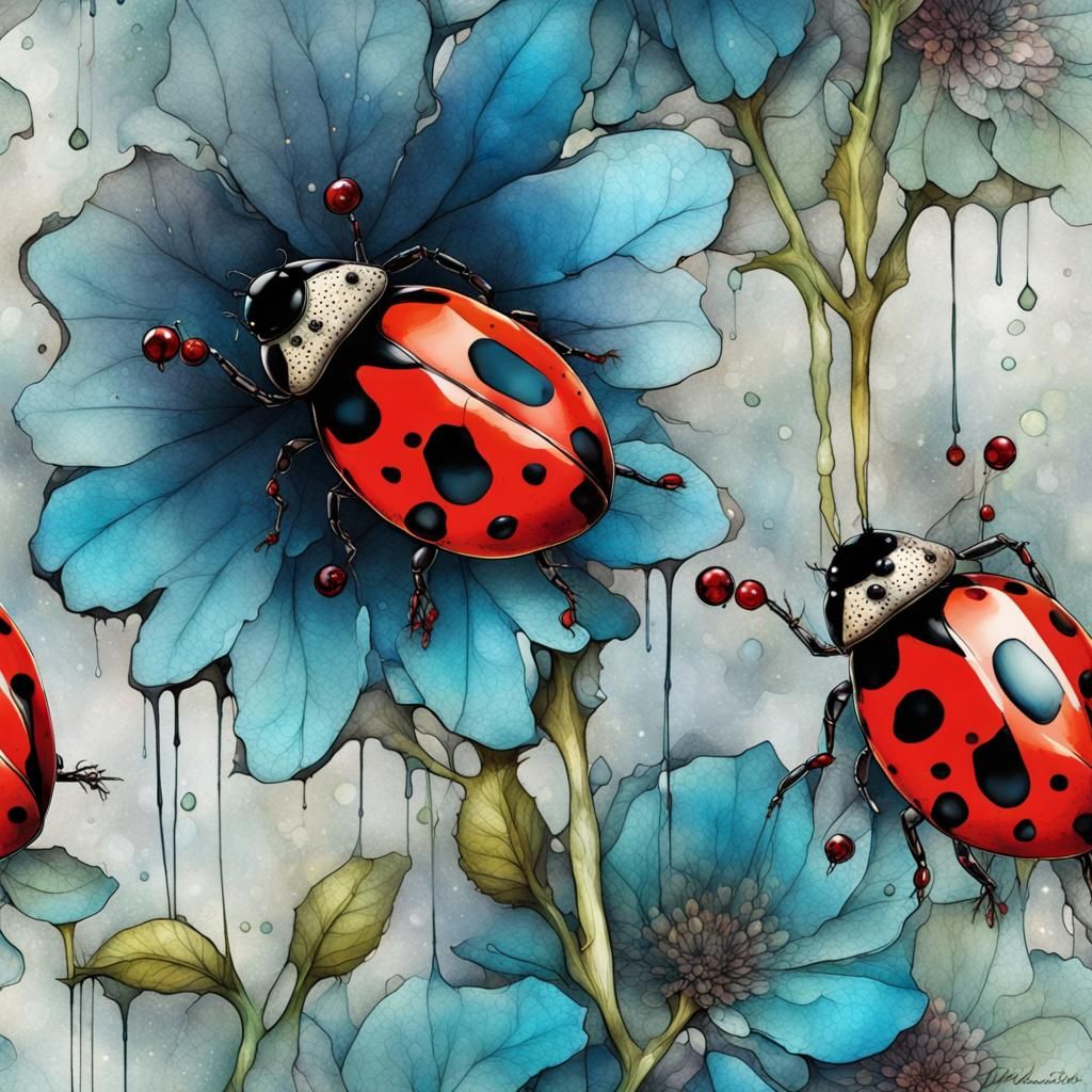 Ladybug on Flower in Alcohol Ink Style