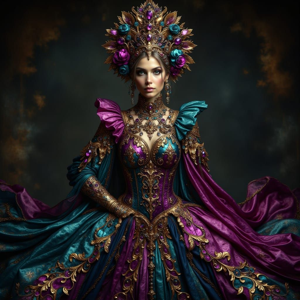 Elegant Lady in Fantasy Costume with Metallic Accents