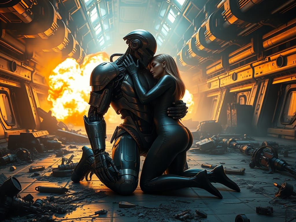 Cyborg Warriors Share Intimate Moment Amidst Chaos