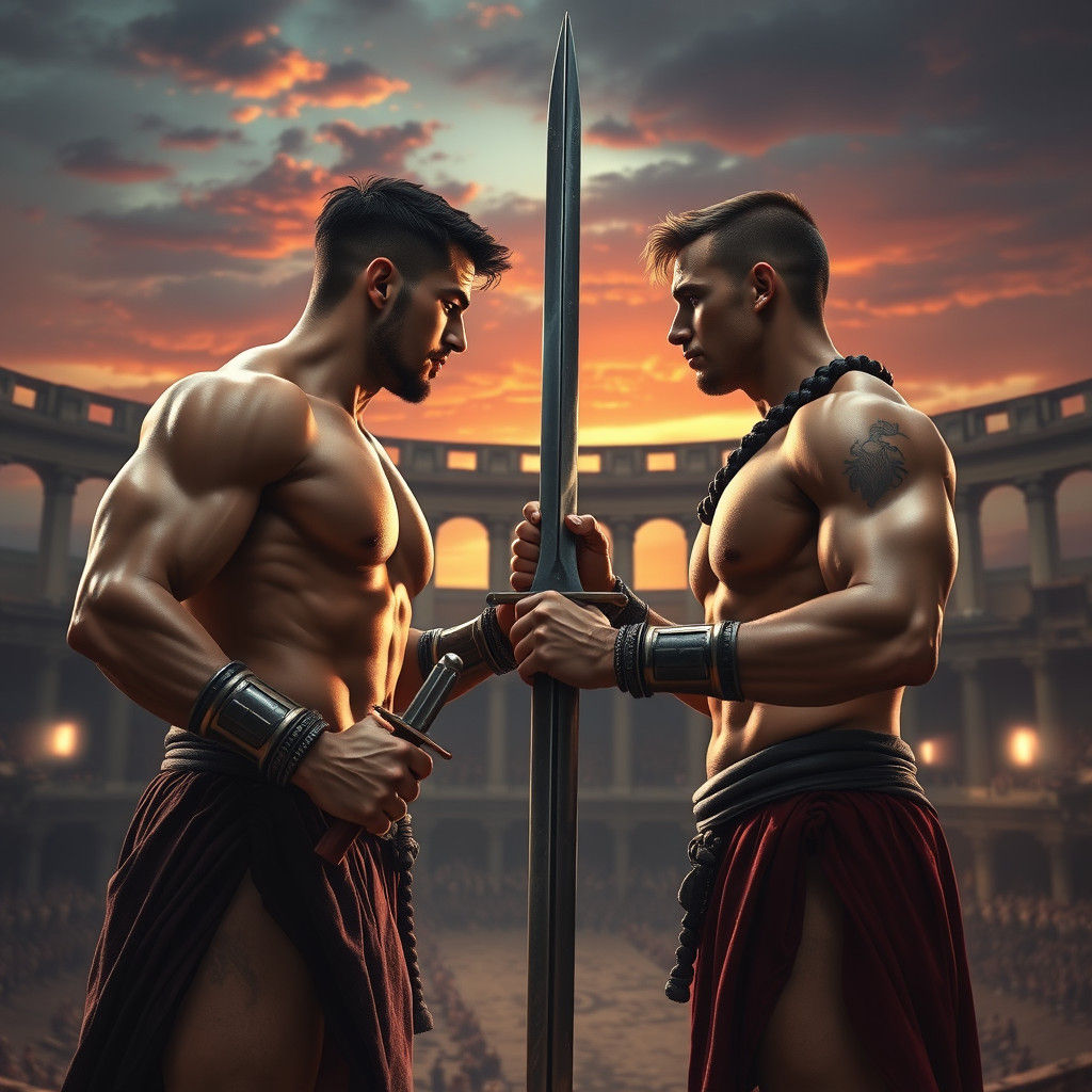 Gladiators Clash in Ancient Arena at Sunset
