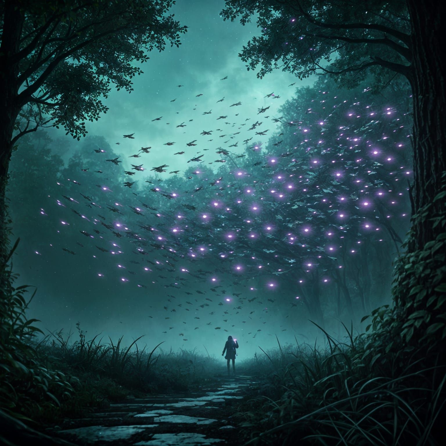 Metallic Insect Swarm Drifting Over Misty Glade