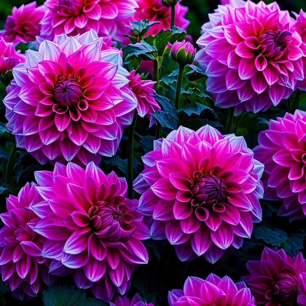 Glossy Pink Dahlias in Morning Dew: Hyperdetailed Close-Up