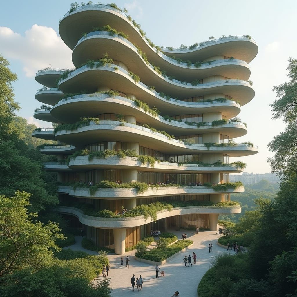 Futuristic Organic Building with Lush Greenery