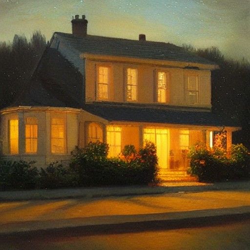 Beautiful House at Night as Oil Painting