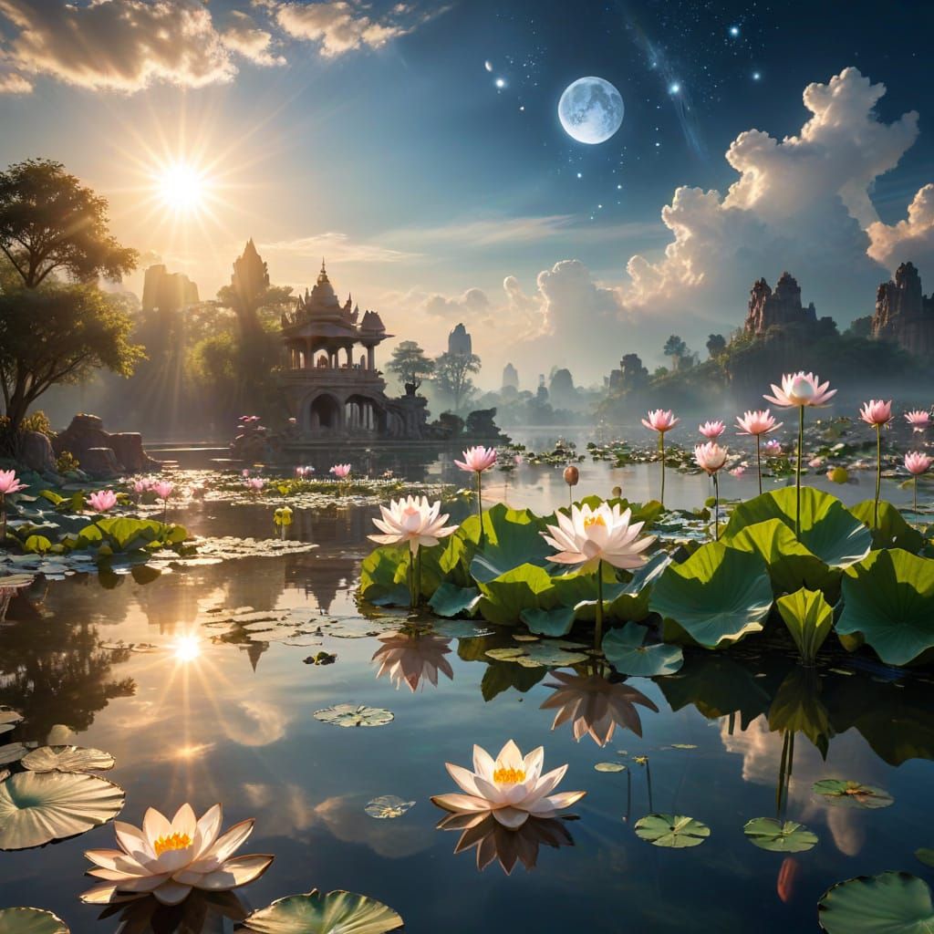 Ethereal Lotus Pond Scene in Ancient Civilization Vestiges