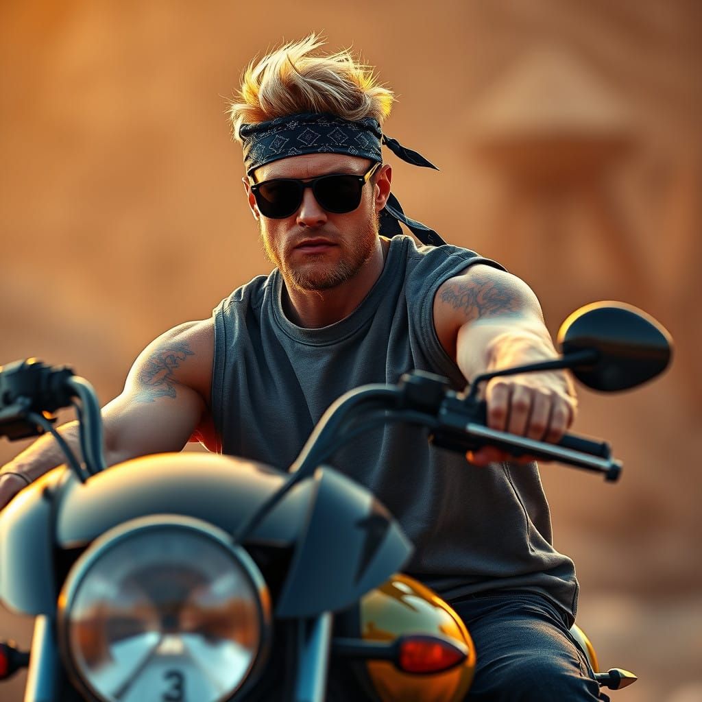 Rugged Blond Rider on Black Motorcycle in Golden Hour Landsc...