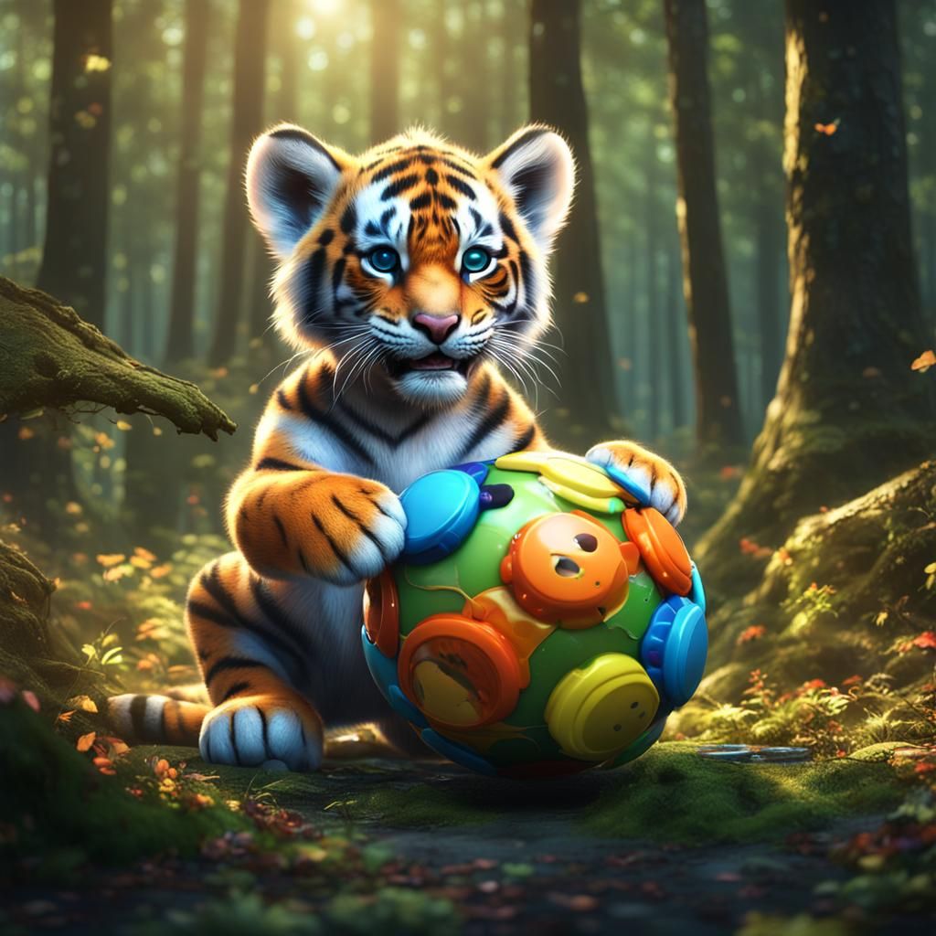 Baby Tiger with Pacifier Playing in Forest
