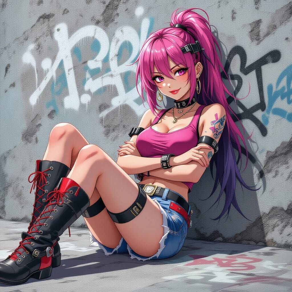 Punk Girl Leaning Against Graffiti Wall