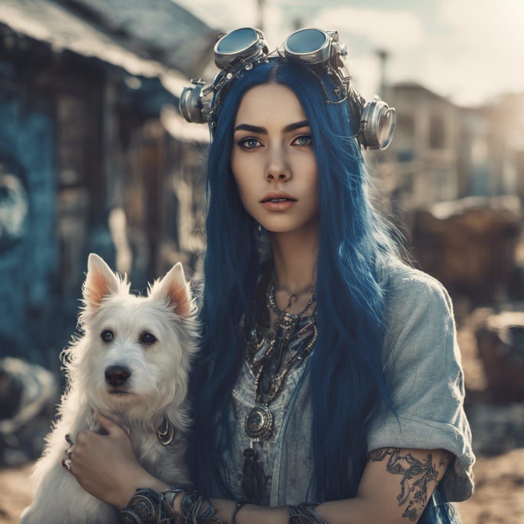 Woman with Blue Hair in a Solar Punk World
