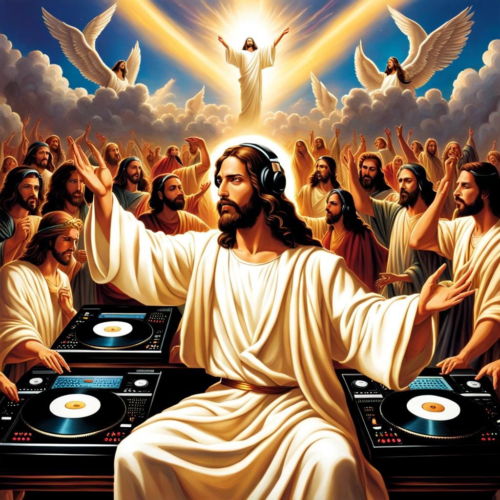 Jesus DJing in Heaven with Dancing Angels