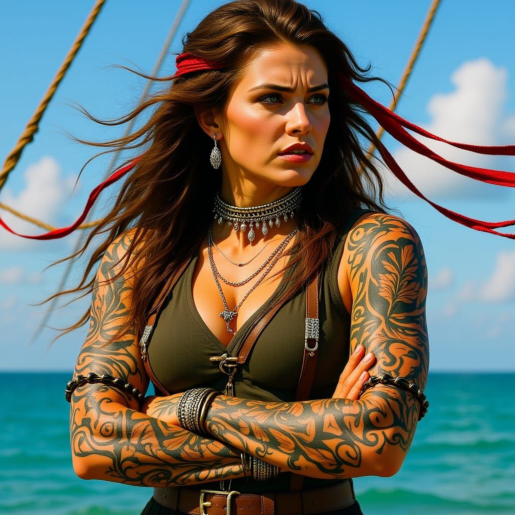 Fierce Tattooed Pirate Woman on Ship in Hyperrealistic Style