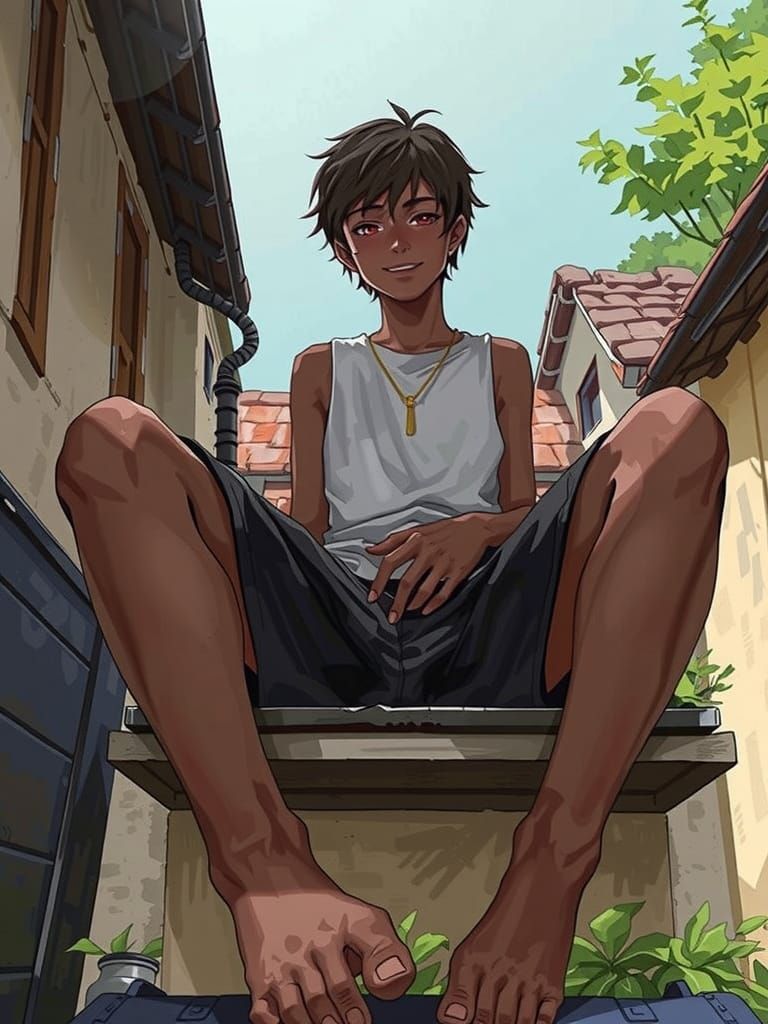 Young Man in Urban Setting, Futuristic Abstract Style