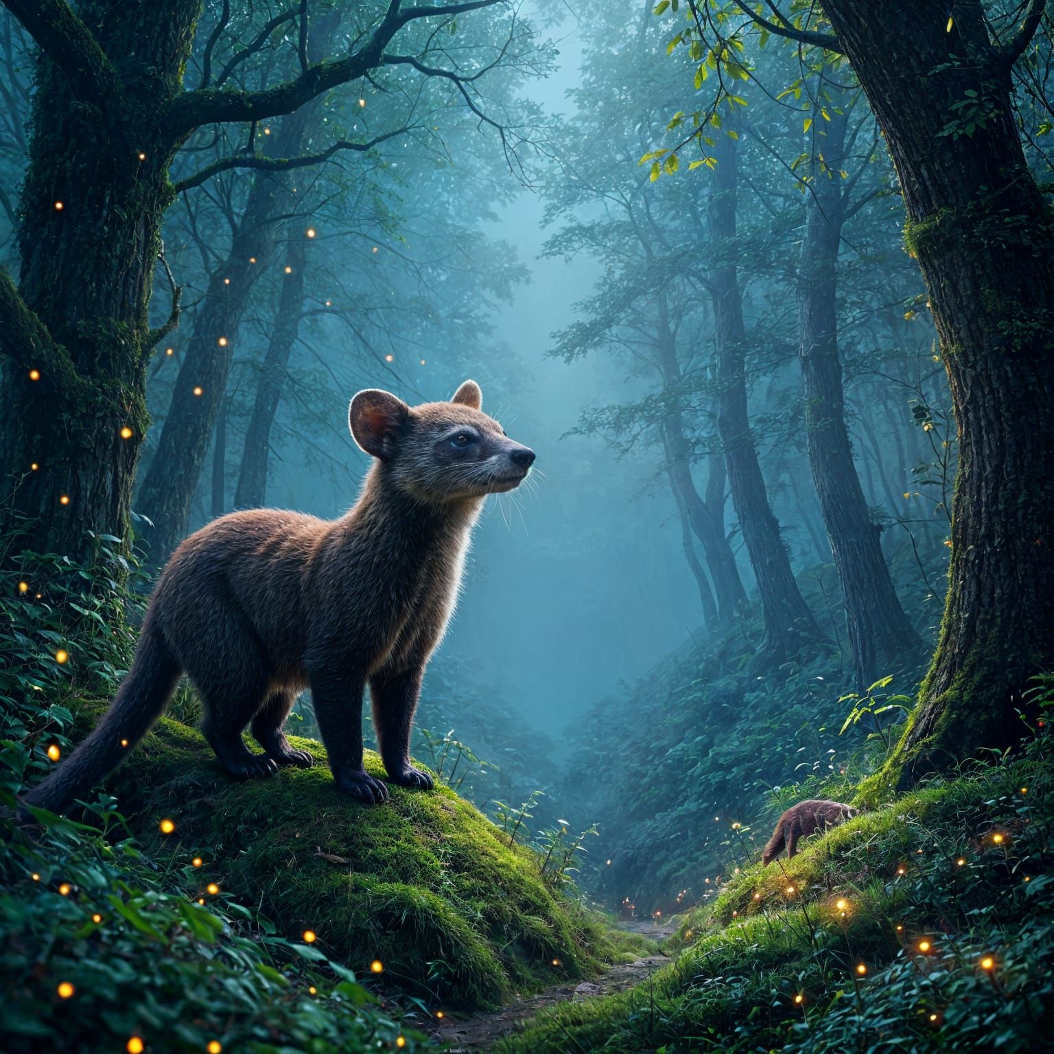 Magical Forest Coati Sketch with Fireflies