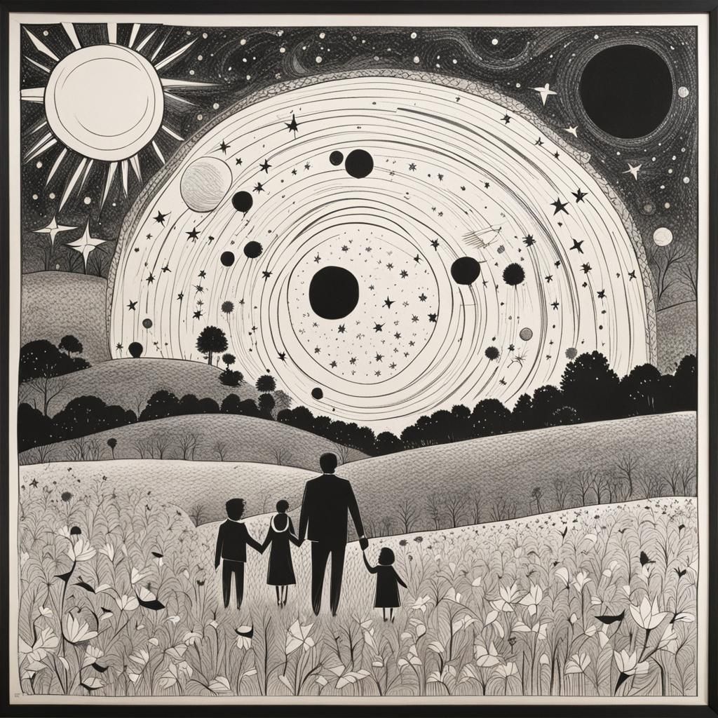 Abstract Family Surrounded by Sun, Moon and Stars