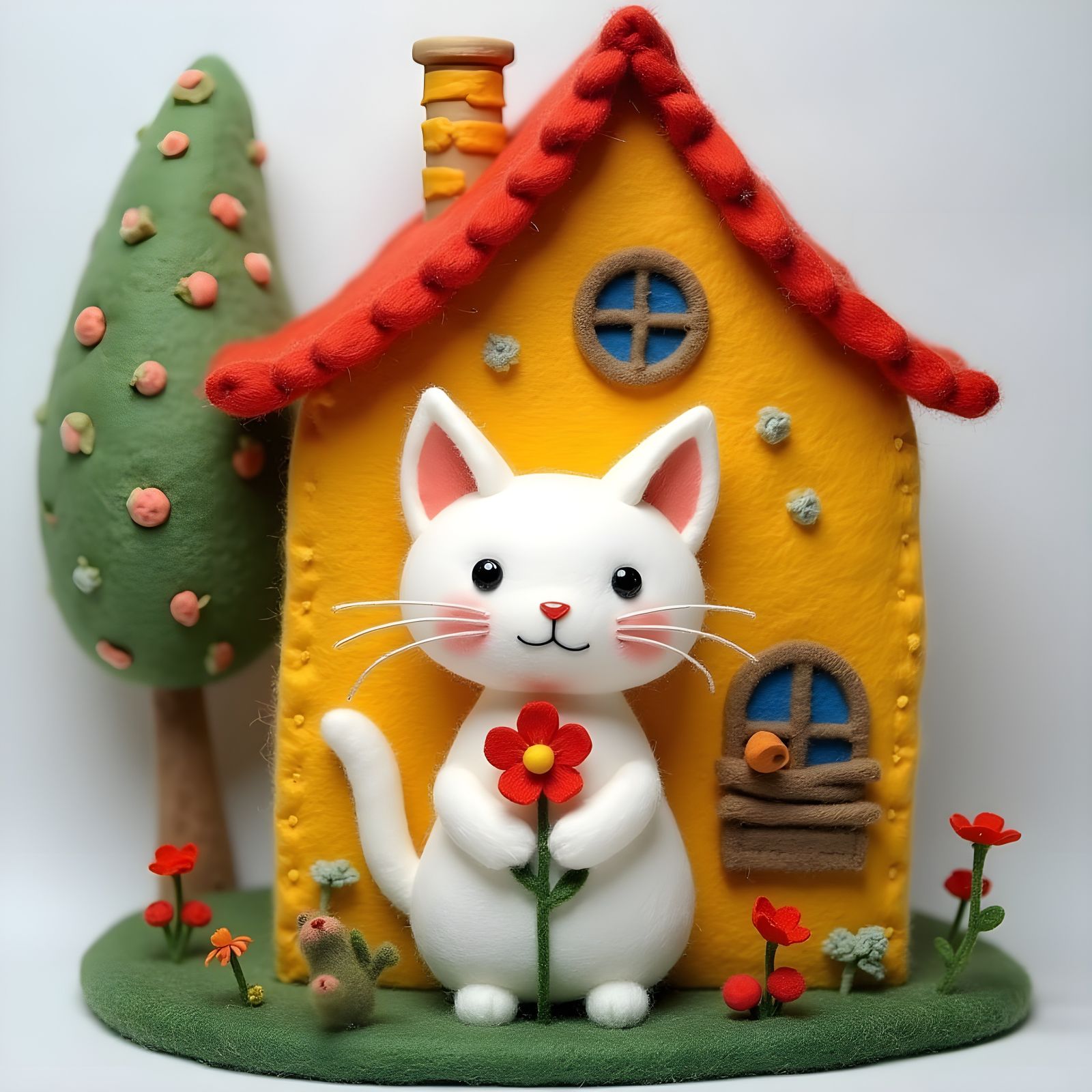 Charming Felt Cat with Flower in Storybook Style