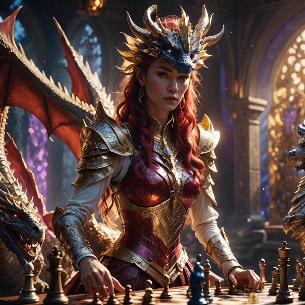 Dragon Goddess Plays Chess: Hyperrealist Fantasy Portrait