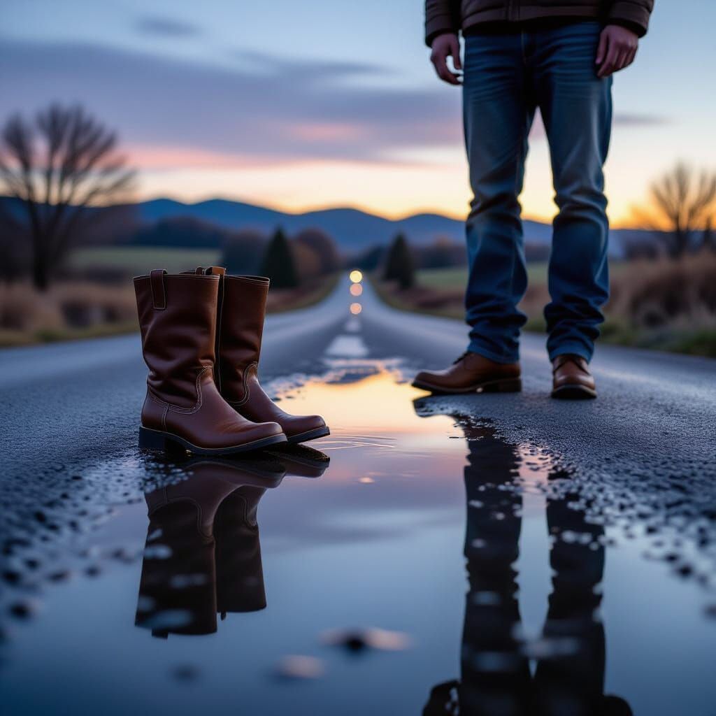 Surreal Boots Reflect Man on Rural Road
