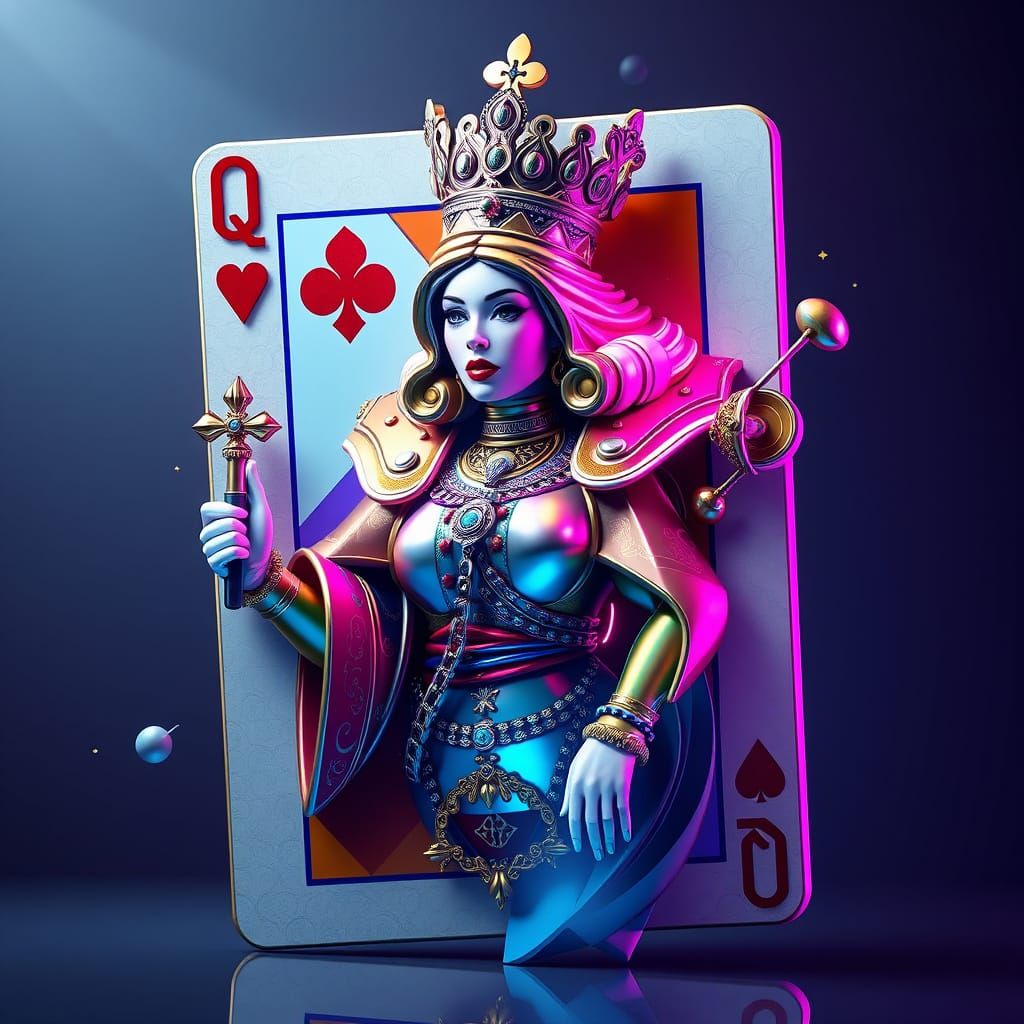 Regal Queen of Clubs in Vibrant 3D Style