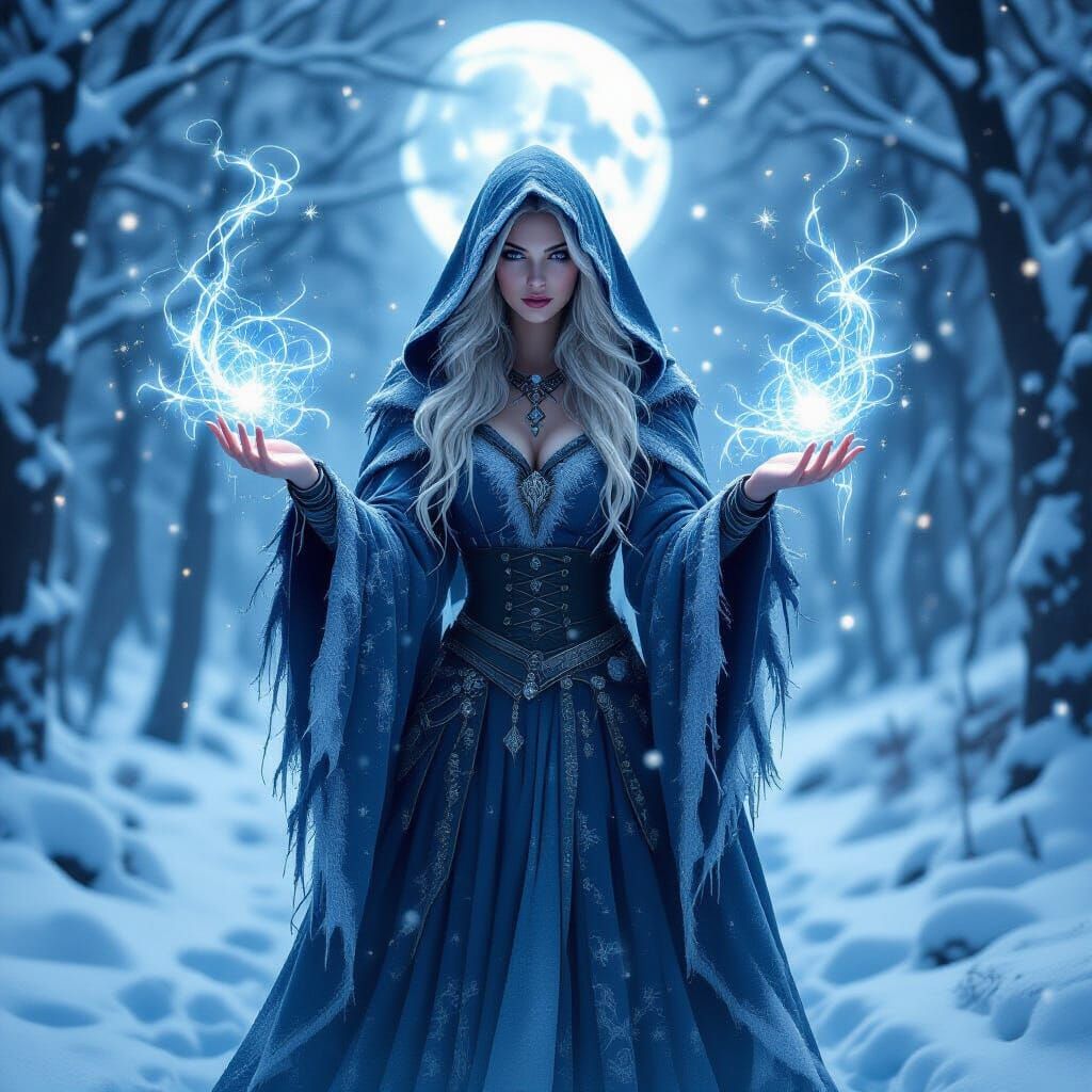 Mystical Witch Weaves Ice Magic in Moonlit Winter Forest