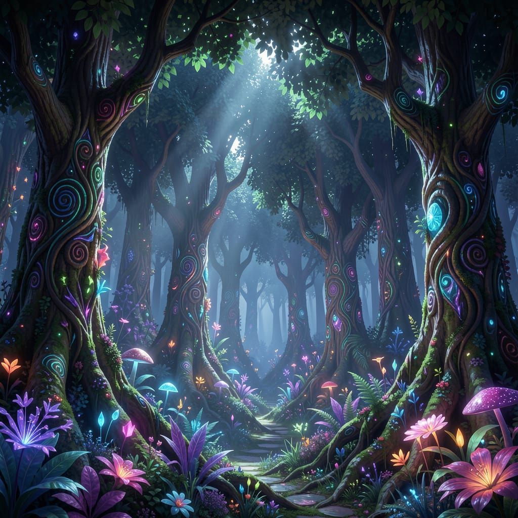 Bioluminescent Forest at Night: Ethereal Matte Painting