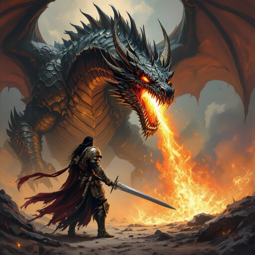 Warrior Battles Massive Dragon in Dynamic Frazetta Style