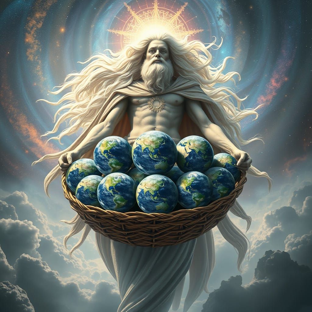 Cosmic God Harvests Starry Planets in Celestial Landscape