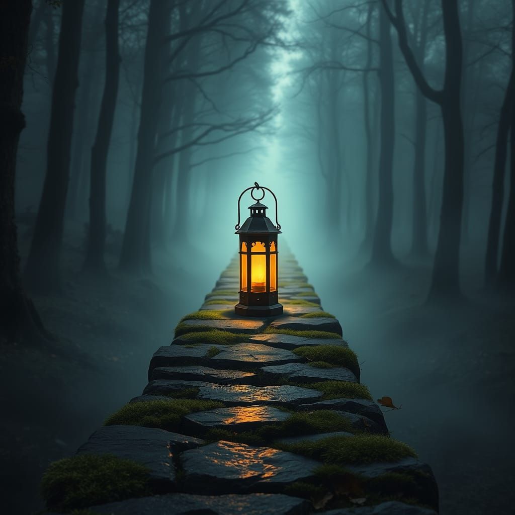 Ancient Lantern Guides Through Misty Twilight Forest
