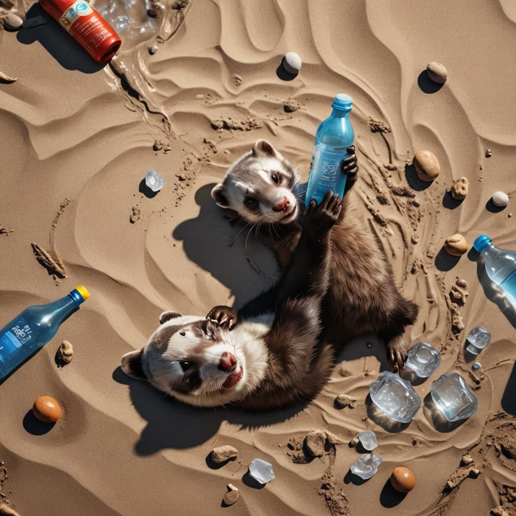 Ferret Cools Off on Beach in Detailed Matte Painting