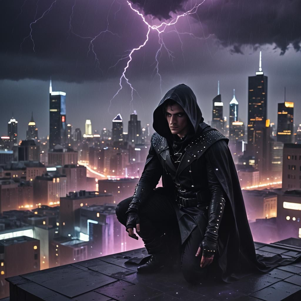 Gothic Hero on Futuristic Rooftop in Electric Storm