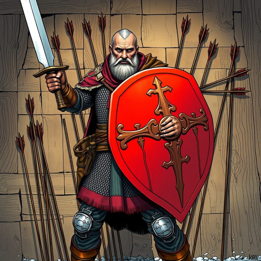 Russian Hero with Sword and Shield in Comic Book Style