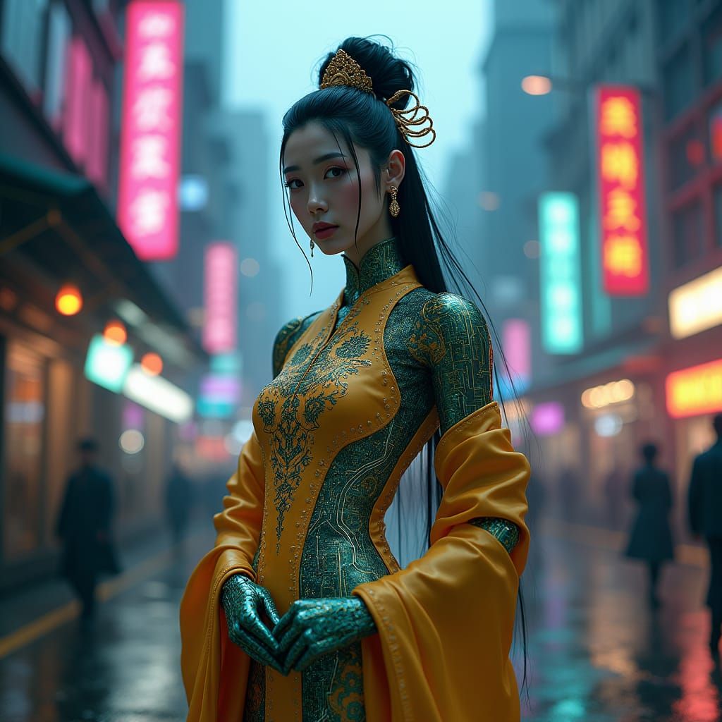 Futuristic Cyborg in Hanfu Dress with Neon Cityscape