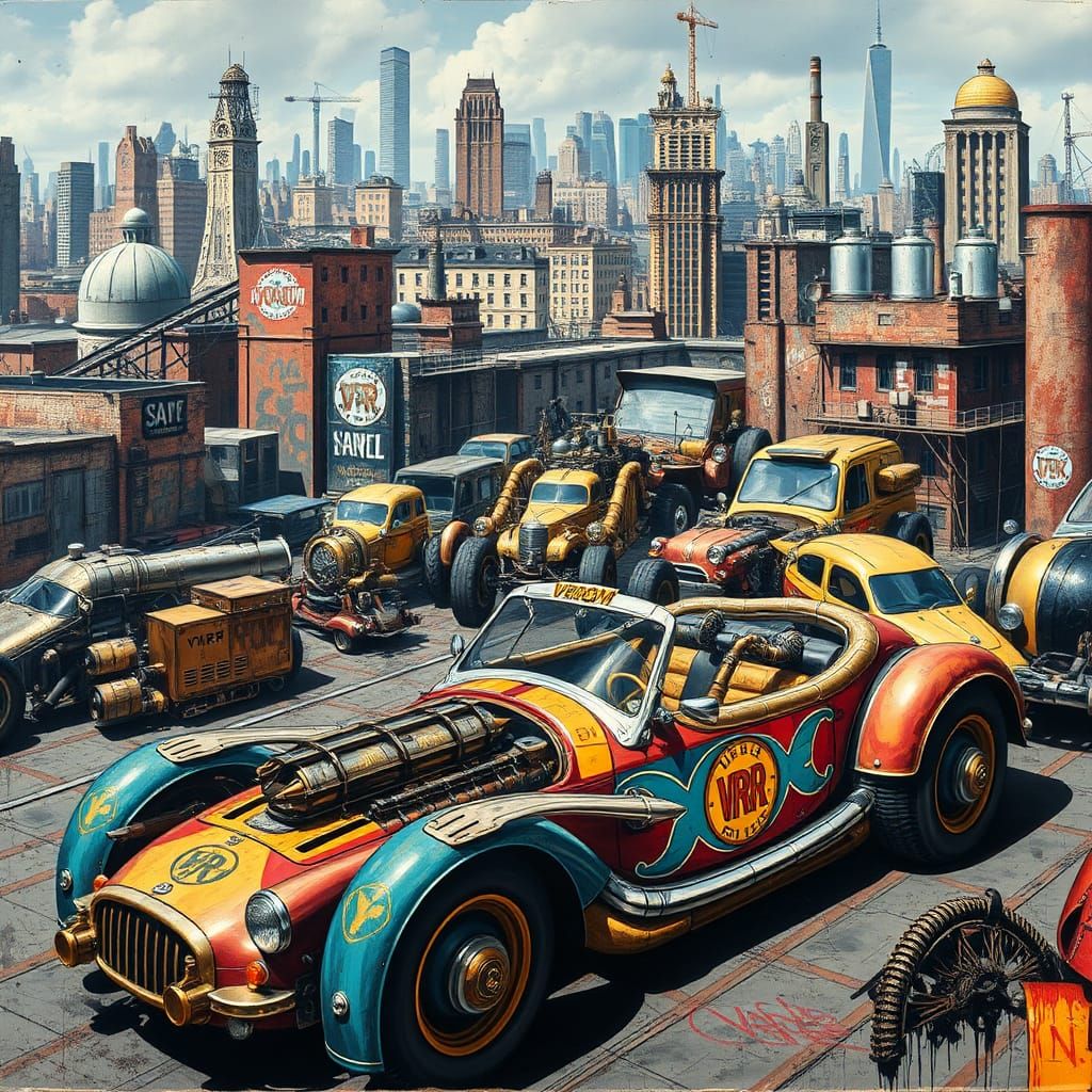 Insanely detailed photorealistic splash art graffiti style steampunk Super cars magazine "Vrooom" of all types and condi...