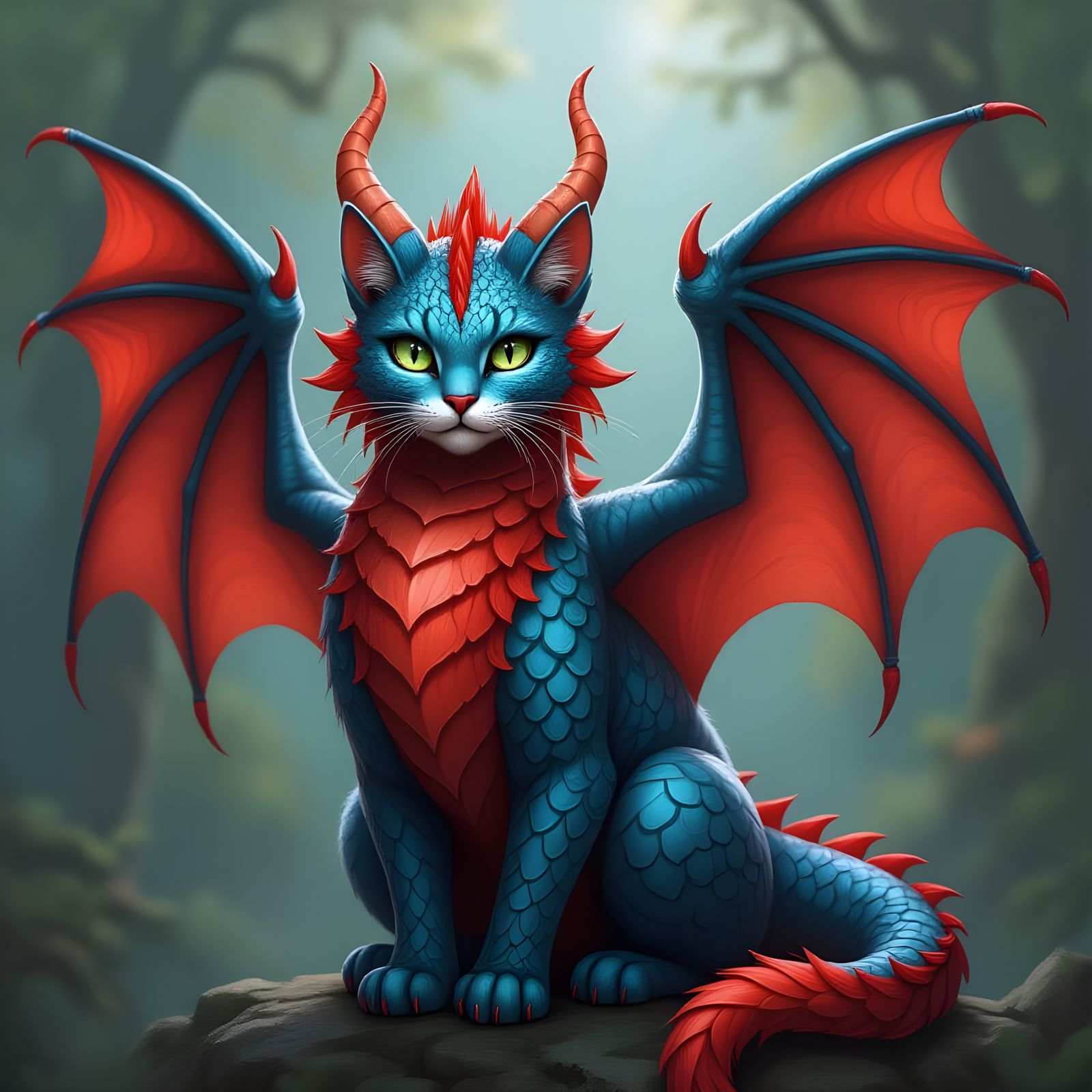 Cat-Dragon Hybrid with Blue Scales and Red Fur